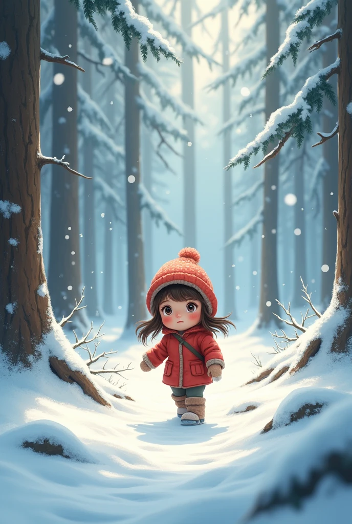 A young girl in a snowy forest, surrounded by high, snow-covered trees. Your warm, red cheeks stand out against the white landscape, as she carefully walks over the crunchy snow