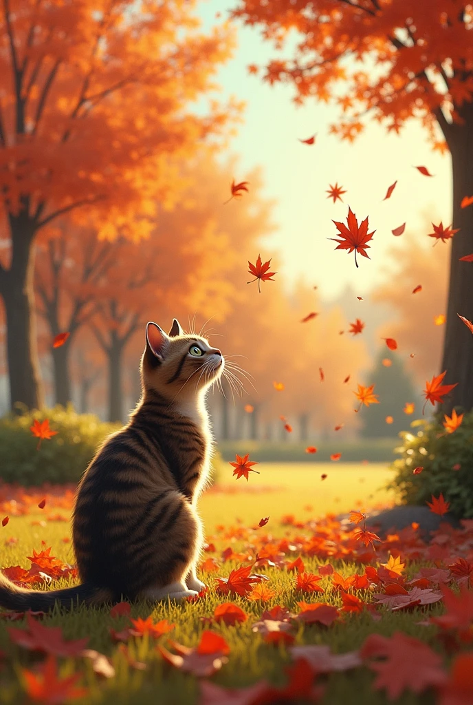 A gust of wind blowing a large pile of leaves into cats yard.