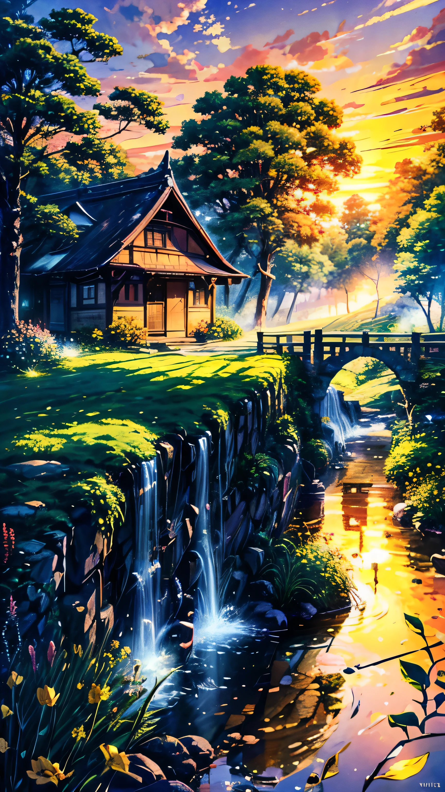 "A captivating ultra-high-definition 4K digital painting featuring a quaint, single house nestled next to a solitary, ancient tree, all surrounded by a sprawling field of vibrant, blooming flowers. The house, with its rustic charm and warm, glowing windows, exudes a sense of cozy solitude. The tree stands tall and wise, its branches gently swaying in the soft, magical breeze, with leaves that shimmer in the subtle light of a setting sun. The flower field is alive with rich, colorful blossoms that carpet the landscape, each petal intricately detailed, creating a mesmerizing tapestry of nature’s beauty. A gentle mist rises from the dewy ground, catching the last rays of sunlight and casting a golden glow across the scene. Every element of the painting is meticulously rendered, from the texture of the wooden house to the delicate hues of the flowers. The atmosphere is serene and enchanting, a perfect blend of natural beauty and peaceful solitude, making the artwork a stunning portrayal of tranquility and timelessness in a magical, idyllic setting."