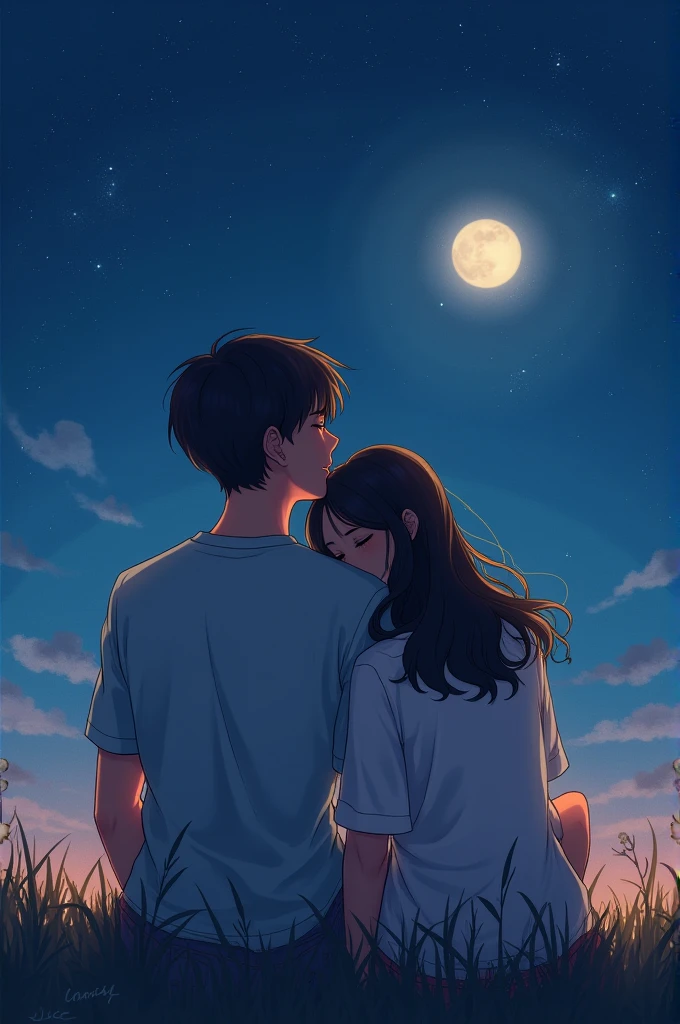 There are two lovers in the starry and full moon sky, the girl is leaning her head on the boy's shoulder and they are watching the sky together.