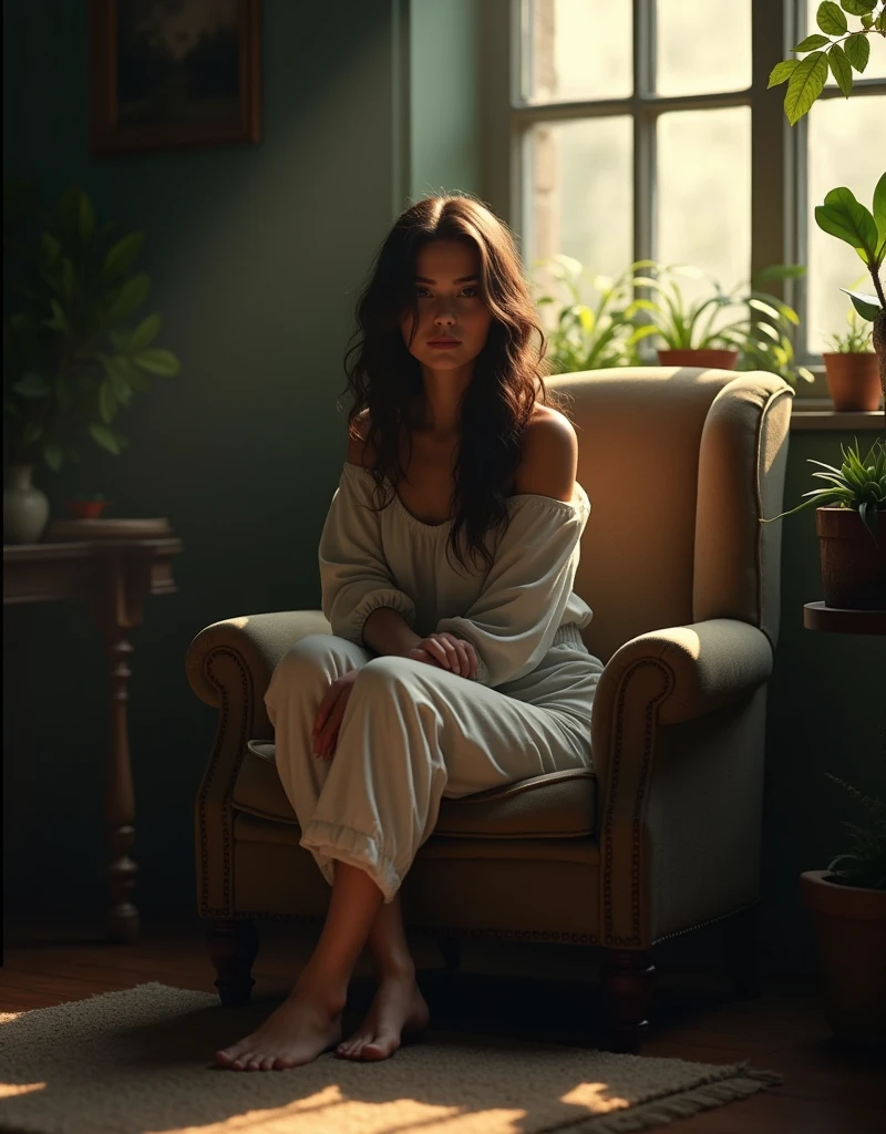 (photorealism:1.2), beautiful woman, in a dark room, sitting on a old and broken chair, wearing loose off-shoulder top, pajama pants, long  hair, indoors, soft lighting, plants in background, window with very soft sunlight, cozy room, relaxed pose, realistic, intricate details, warm colors