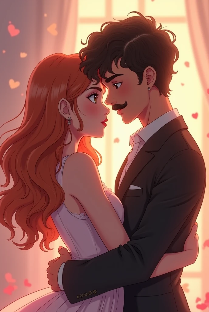 White girl, long and wavy hair, ginger/orange hair, doe brown eyes, pink makeup, cute outfit 
An Arab man, curly black hair, big nose, with a mustach, no ear piercing 
They are hugging each other, sexy faces
Anime style 