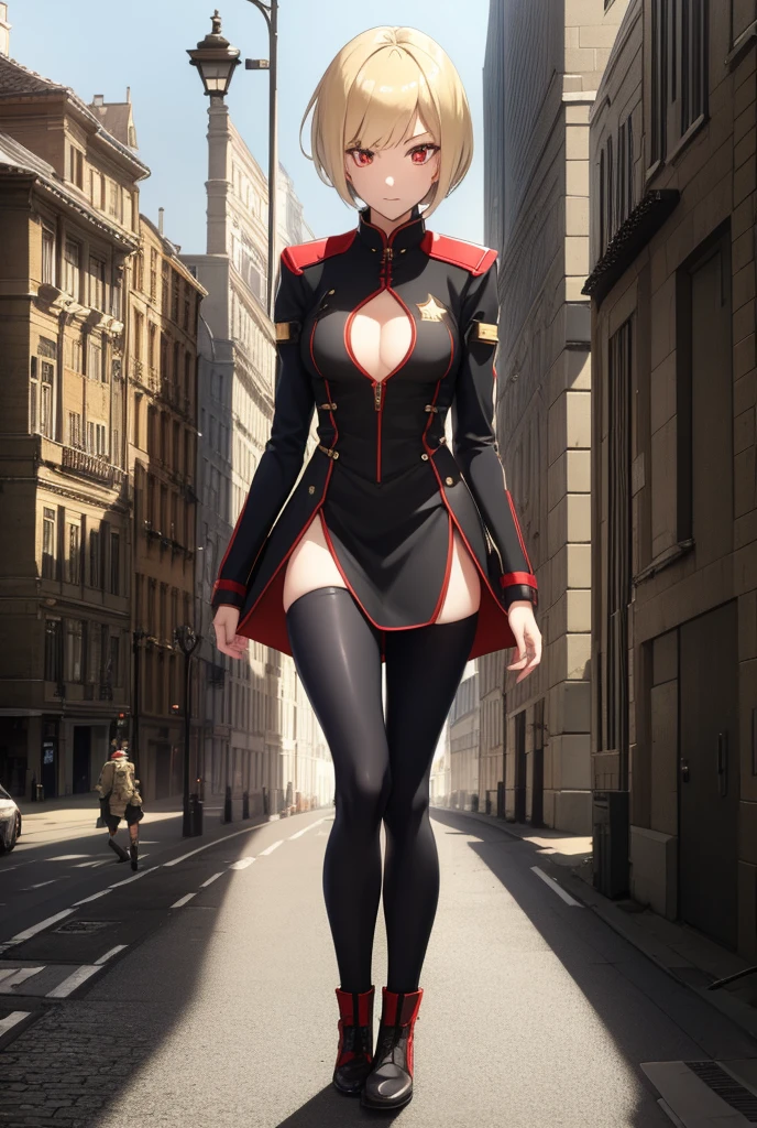 Elise Neville, a young and attractive age girl, with short blonde hair and vibrant red eyes, ha , 1,70 meters tall and weighs 60 kilos. She wears modern clothes and mid-length skirts that are similar to military attire with futuristic boots.. add a city background with a mysterious portal with a sunny sky and her entire body in anime style. Elise holding an old book with strange symbols.