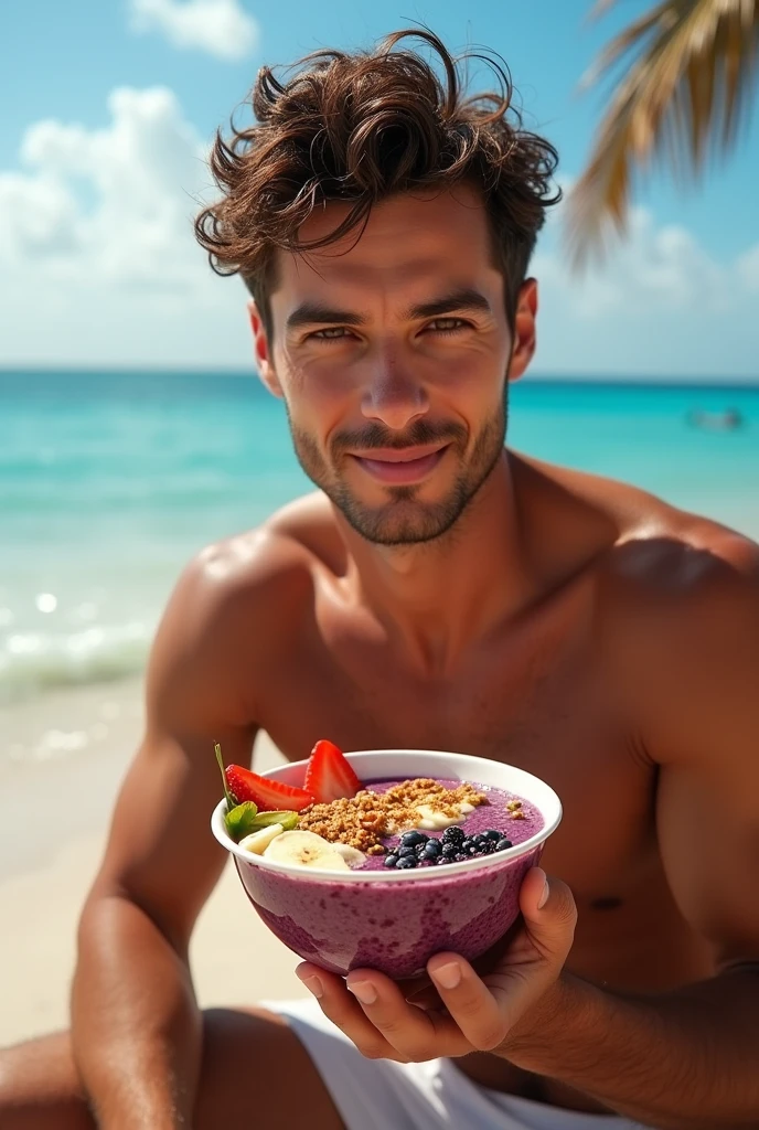 Man aged 25 to 35, at beach , salmonete, brown eye eating acai with banana and strawberry, ultra HD, high qualiy, best qualityer, high resolution, 8k, 16K