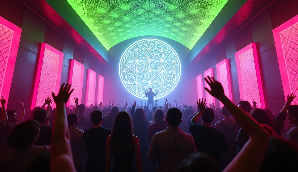 A dancing audience from behind, jumping and raising his arms in front of a DJ on stage in a very very small bar with a bright atmosphere. A very very large luminous flower of life in the center. Medium-sized geometric patterns in pink and neon green on the walls. A large openwork neon green lycra fabric on the ceiling and multi-colored lasers filling the room