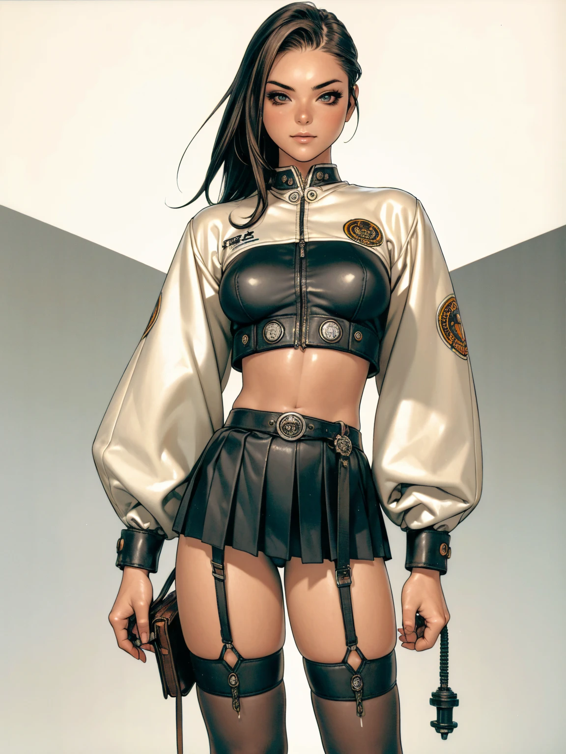 Uma Kizi jovem com cabelo bagunçado ruivo, (((police suit))), (((sexly police))), (((police cosplay))), (((wide garter belt and stockings 3/4))), (((wearing pleated leather mini skirt))), crop top with belly showing and a leather jacket, (((best qualityer))), (((manga strokes))), dramatic camera angles, design mixing contemporary and retro by Shepard Fairey, (((cowboy shot))), (((best qualityer: 1.4))), (Unbeatable masterpiece), (hiper HD),(CG 8k hyper-realistic), Kizi, (((standing alone))), pirralha violent, ((())), sexly, pose de atitude, work of art, post-apocalypse, (((manga style))), bounty hunter, violent, Manic, the way you want, sarcastic smile, slenderbody, thin but strong, perfectbody, roupa moderna, advanced technology, neon, sleeves with vertical striped pattern, neutral background, (( cowboy shot )). intricate visual