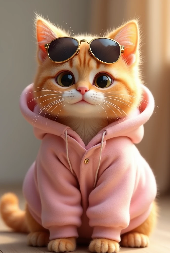 A caramel colored female cat, very cute, wearing dark sunglasses and a pink sweatshirt