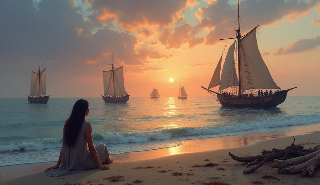 Painting Title: The Lost Caravels Composition:
The screen shows the sea at dusk, with a sky tinged with shades of orange, pink and purple, where the last light of day is reflected in the water.
in the sea, little golden caravels are adrift, some almost submerged, others moving away towards the horizon, symbolizing the dreams launched into the world.
On the margin, a woman is sitting on the sand, with knees bent and arms wrapped around legs, in a posture that conveys loneliness and resignation.
She watches the caravels, with an expression that mixes melancholy and acceptance of loss. Behind her, The beach is deserted, with only a few scraps of wood brought in by the waves.