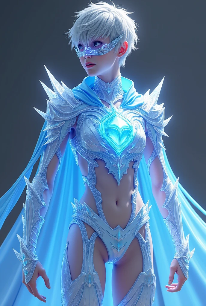 Create image Yuki AoyamaAge: 15 years old His outfit is a light armor of transparent crystal that covers his chest, arms and legs. The armor reflects light, creating a rainbow effect. He wears a short blue cape and has a mask that covers half of his face., with small crystals around the eyes. Make the full body image