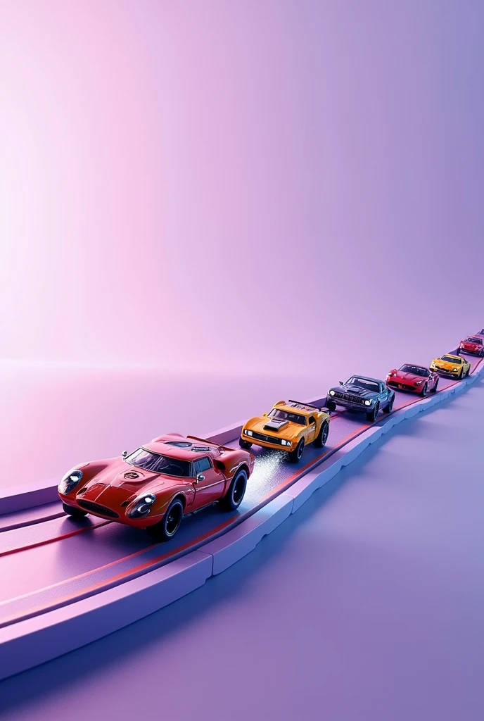 Cover of several hotwheels on the track with a lilac background without trees