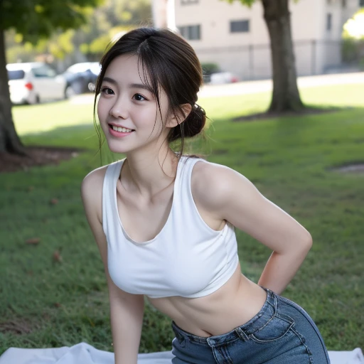 (masterpiece: 1.3), (8k, Realistic, RAW Photos, highest quality: 1.4), A 15-year-old idol-level beautiful girl、 , (Random hairstyle: 1.2), Micro Bikini,Super detailed face, (Slender body、Slim and beautiful proportions、Great waistline)、Small face、Cute red cheeks、Red, soft, thick lips、Eye on the details, double eyelid,Tear bags、Leaning on your chest, Sharp focus: 1.2, Cute Woman: 1.4, Light brown hair, highest quality, masterpiece, Ultra-high resolution, (Realistic:1.4), Highly detailed and professionally lit smiles, Playground Background, Athlete Stretching, A tight sweaty white crop top, Light blue low leg wet racing pants, Shining Sweat, Baby Face, thin, Serious expression, short hair, Slim and toned body、Muscular thighs, Tight waist, Show off your larger breasts、No underwear、