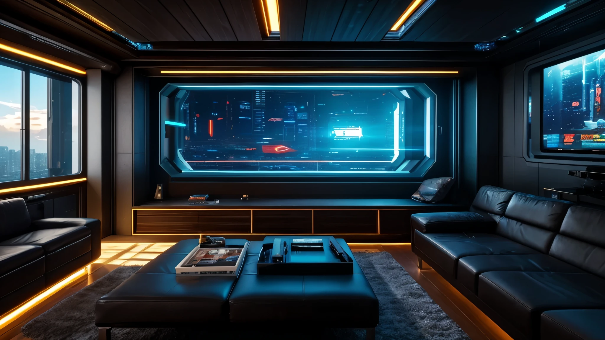 scifi, cyberpunk, futuristic, livingroom, hightech, daylight, cozy, much space, wide angle, a lot of tech, ambient light, year 2088, cinematic