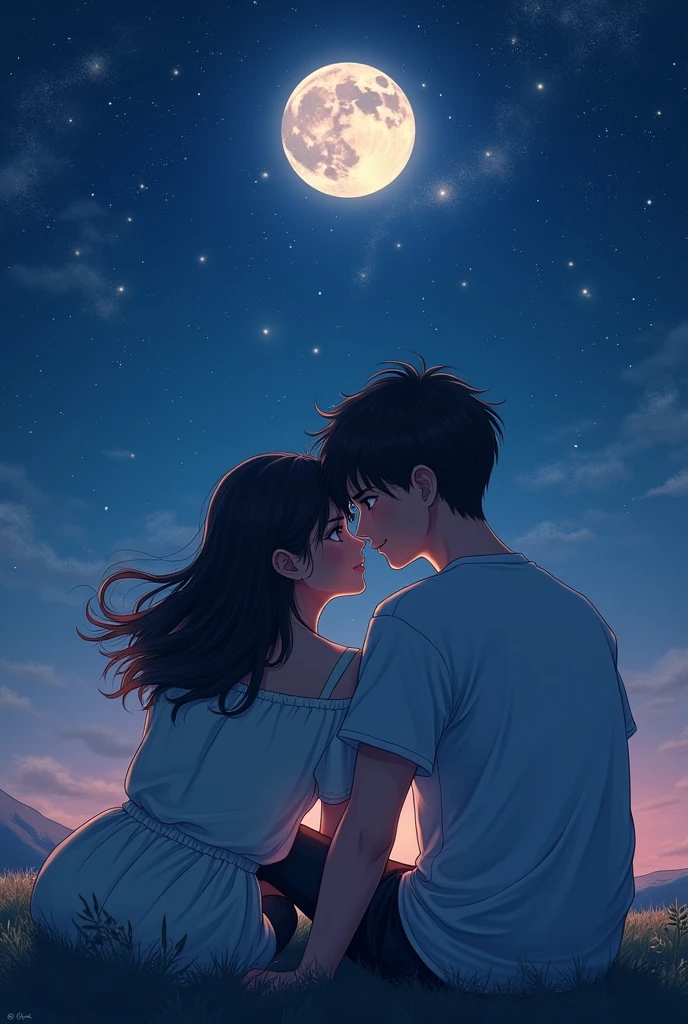 There are two lovers in the starry and full moon sky, the girl is leaning her head on the boy's shoulder and they are watching the sky together.