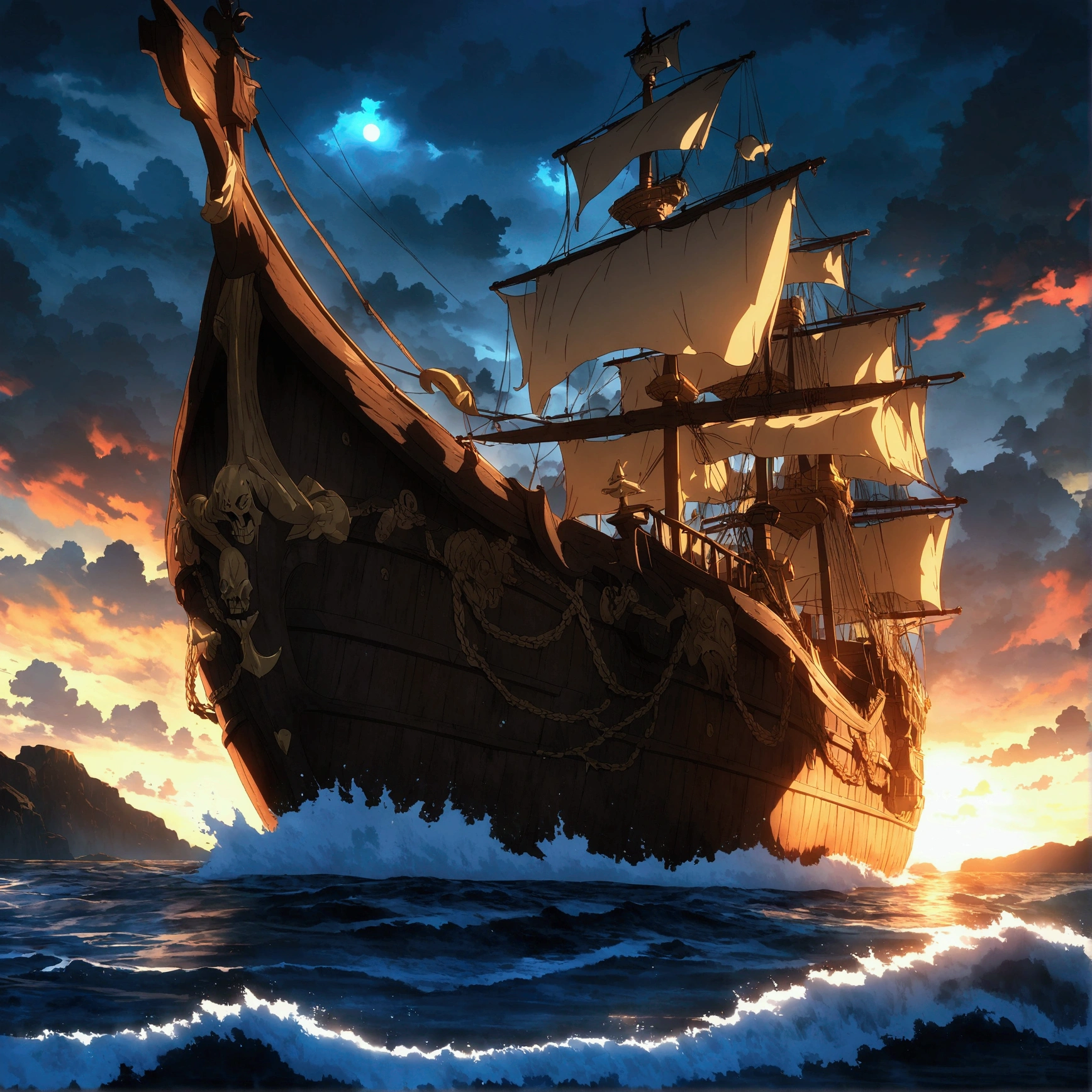 Pirate Galleon, Dark blue wood, silver details on the hull, silver mermaid on the bow of the ship, glare eyes, stormy ocean floor, "Anime Resources Inspired by One Piece, encharcado de dramatic lighting e incrível, dramatic lighting, infused with creative details, design 2D ultrafino, scenery bathed in creativity, bathed in creativity, boasting HD anime resolution clarity, HD anime graphics, high octane rendering"