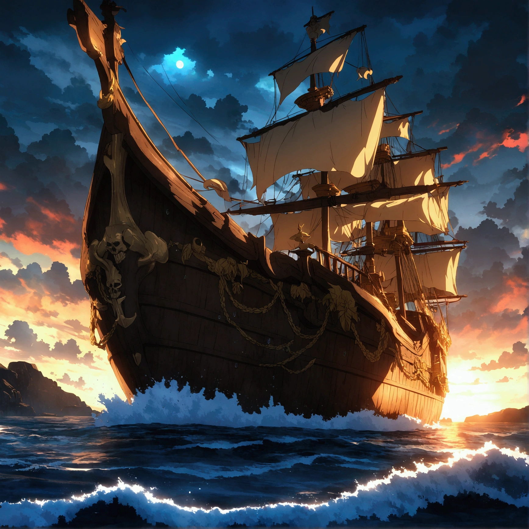 Pirate Galleon, Dark blue wood, silver details on the hull, silver mermaid on the bow of the ship, glare eyes, stormy ocean floor, "Anime Resources Inspired by One Piece, encharcado de dramatic lighting e incrível, dramatic lighting, infused with creative details, design 2D ultrafino, scenery bathed in creativity, bathed in creativity, boasting HD anime resolution clarity, HD anime graphics, high octane rendering"