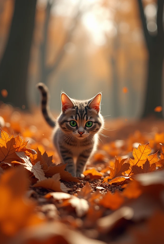 Curious, cat bella approaches the pile of leaves to investigate.