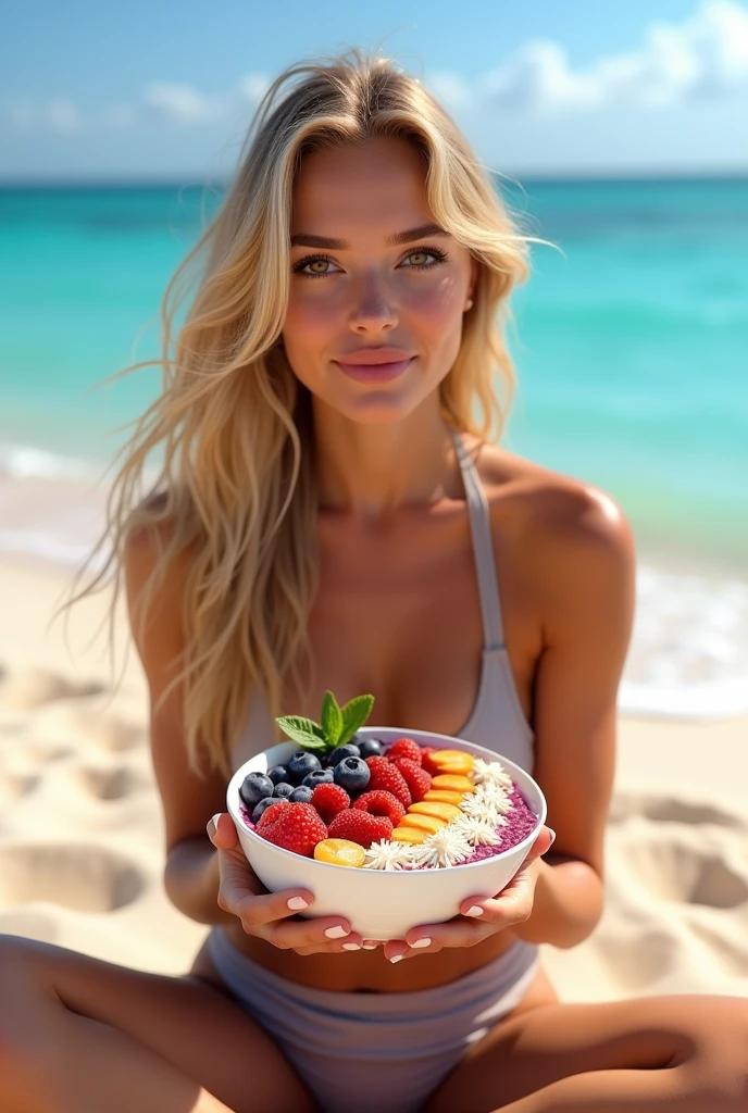 Woman aged 25 to 35, On the beach blonde hair brown eyes eating acai with fruits , ultra HD, high qualiy, best qualityer, high resolution, 8k, 16K