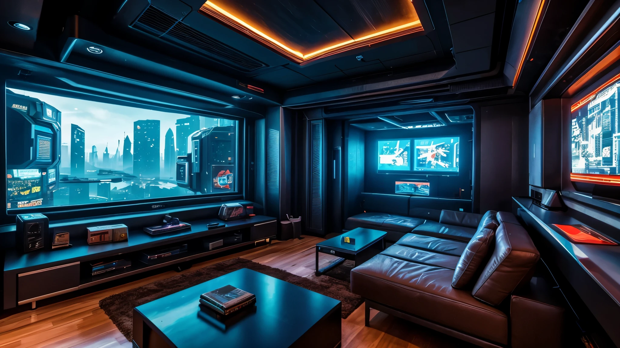 scifi, cyberpunk, futuristic, livingroom, hightech, daylight, cozy, much space, wide angle, a lot of tech, ambient light, year 2088, cinematic