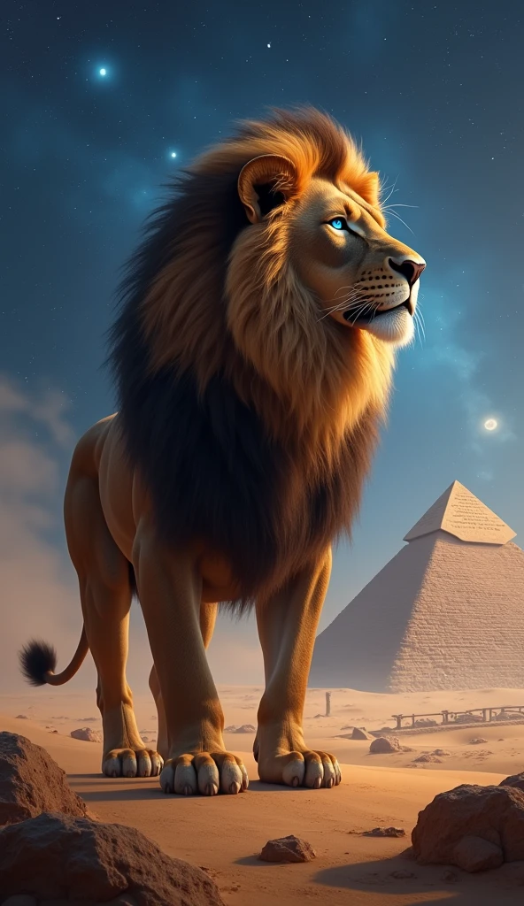 Generate a very realistic 8k 6d image of a very strong beautiful robust blue-eyed lion in the desert looking at the pyramids of Egypt at night
