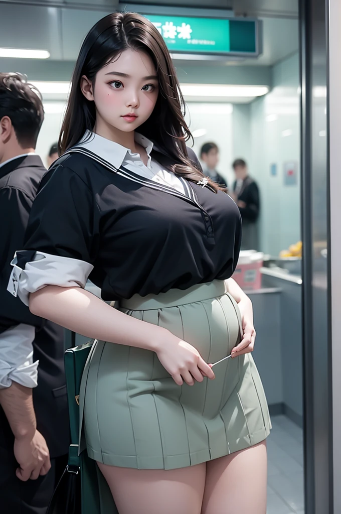 Sexy bbw girl standing in subway wearing middle school uniform, Close your eyes, sweat, stick out your tongue, and look miserable