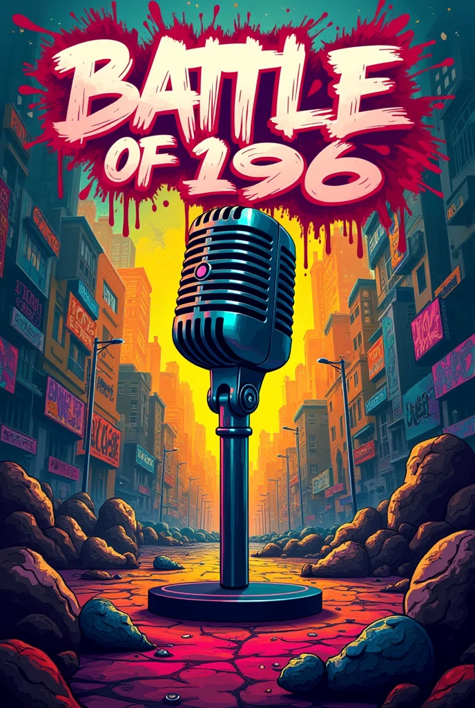 A poster for a rap battle , with the 4 elements of hip-hop and a microphone in the middle and above the title written exactly in Portuguese :" BATTLE OF 196".  all with lots of colors and in graffiti style 
