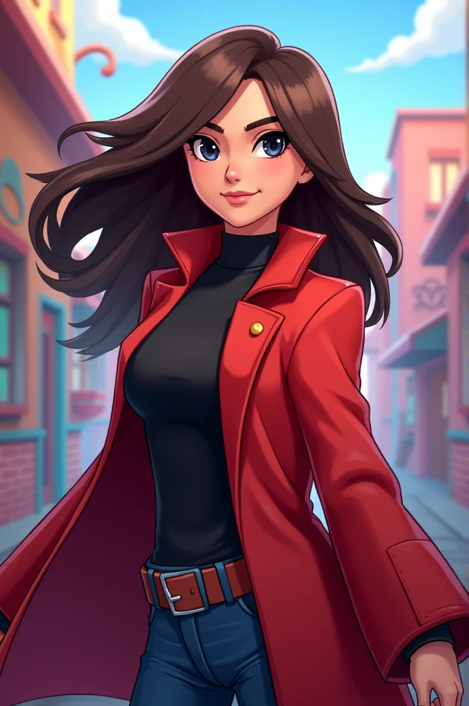 A character with brown hair, black eyes, a red coat, a black blouse, Brawl Stars style