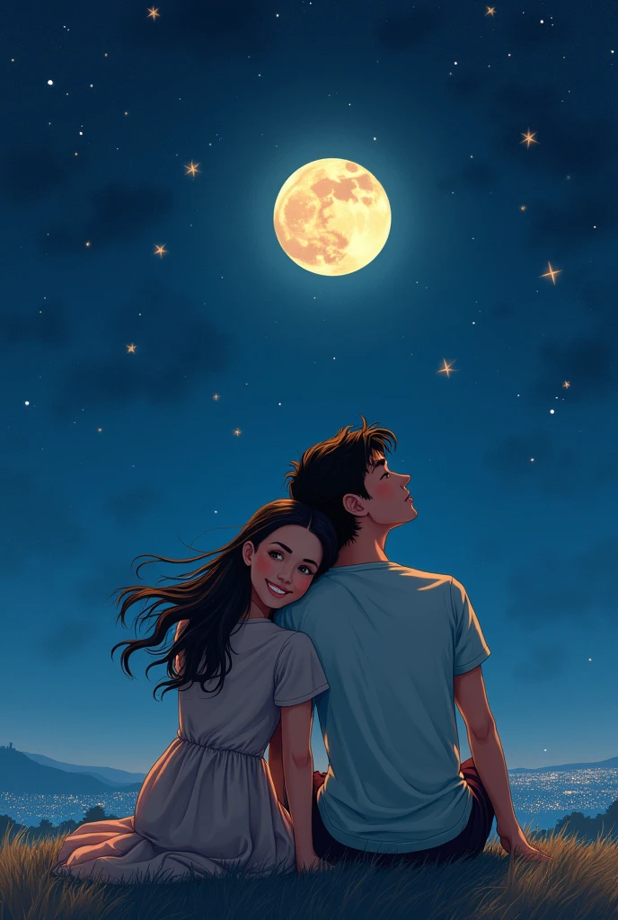 There are two lovers in the starry and full moon sky, the girl is leaning her head on the boy's shoulder and they are watching the sky together.