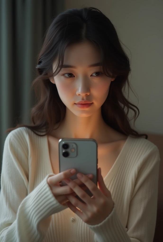 Japanese women、place:one's home、Fair skin、single eyelid、Year: 35、Moderate、Taking a selfie with a smartphone in one hand