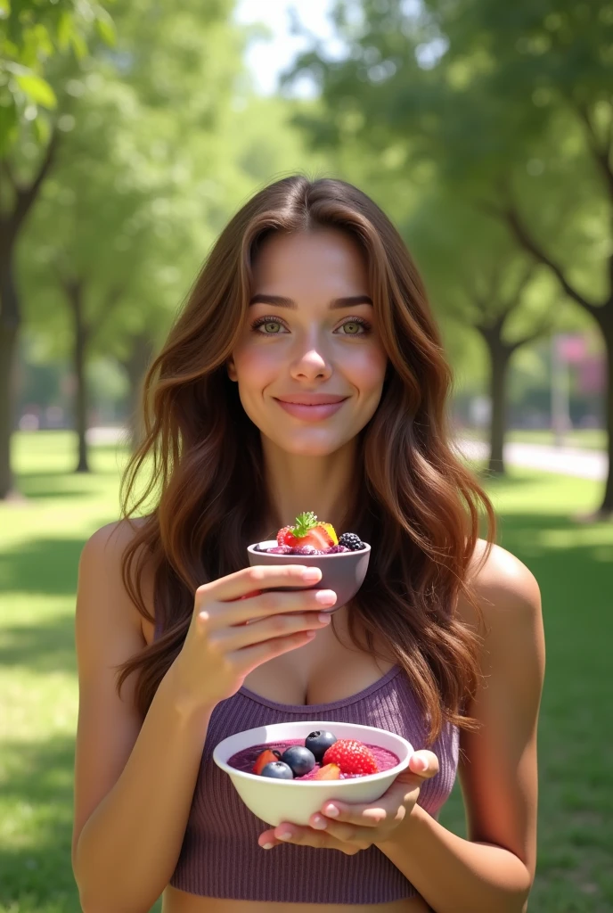 Woman aged 25 to 35, in park, salmonete, chestnut hair, brown eye eating acai in the park, ultra HD, high qualiy, best qualityer, high resolution, 8k, 16K