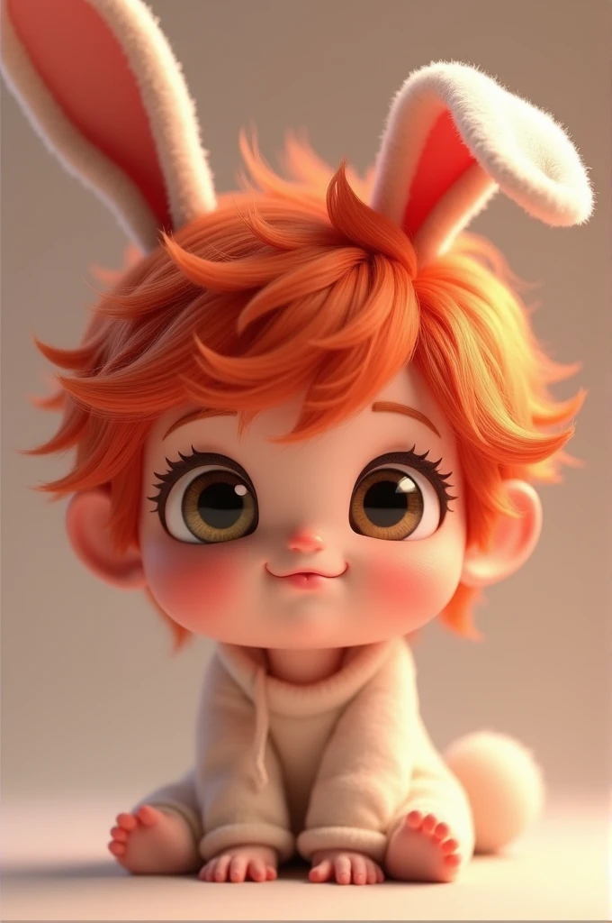 I want an Imagine of a  with adorable features like small bunny ears in anime style can include big expressive and bright eyes and fluffy red hair in 3D male