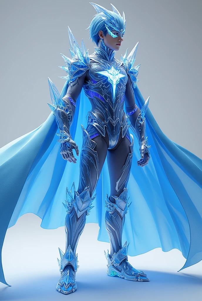 Create image Yuki AoyamaAge: 15 years old His outfit is a light armor of transparent crystal that covers his chest, arms and legs. The armor reflects light, creating a rainbow effect. He wears a short blue cape and has a mask that covers half of his face., with small crystals around the eyes. Make the full body image