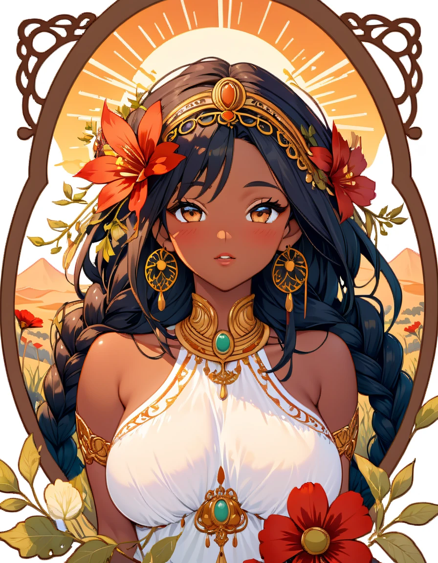 (((an oval  shaped sticker))), (((white background))),(((art nouveau ornamental frame illustrated MUST MANDATORY))), intricately detailed t-shirt design ready for print , 2d, illustration of African Savannah at sunset in the background. ONE HEAD (((nude big tits visible))) voluptuous lavish melanin Queen of Sheba with black long braided hair in the foreground has flowers in her hair , (((lewd, large sagging tits))), puffy nipples, (((shoulders up))), dark skin, intricate rich extremely complex ornaments illustration, high detail, clean lines style, intricate high details,(((white background)))