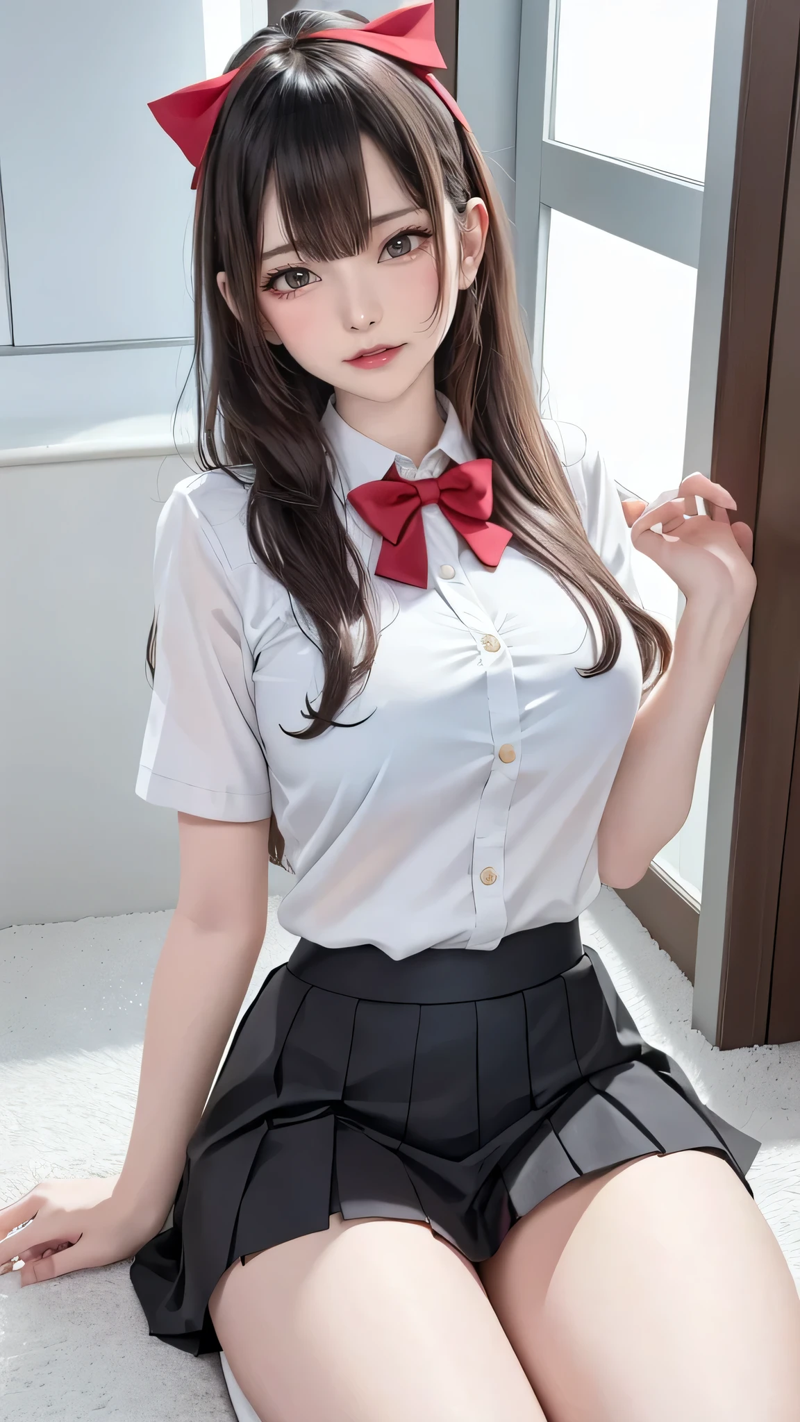 1girl, bare legs, black hair, blush, bow, bowtie, closed mouth, collared shirt, dress shirt, flashing, white shirt, hair between eyes, indoors, knee up, lips, long hair, looking at viewer, miniskirt, pleated skirt, red ribbon, reflection, school uniform, shiny skin, shirt, short sleeves, sitting, skirt, large breasts, smile, sneakers, solo, yellow eyes, masterpiece, best quality, highres, official art, extremely detailed cg unity 8k wallpaper