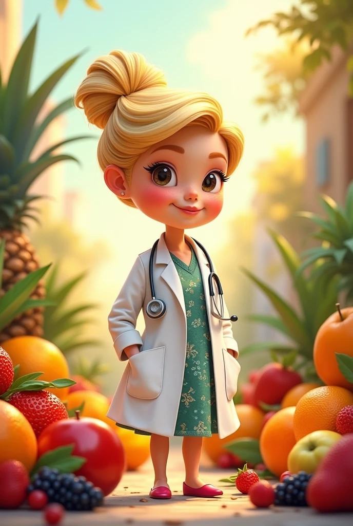Generate Disney Pixar Style Image of White Woman, blonde, small, dressed as a doctor with fruits around