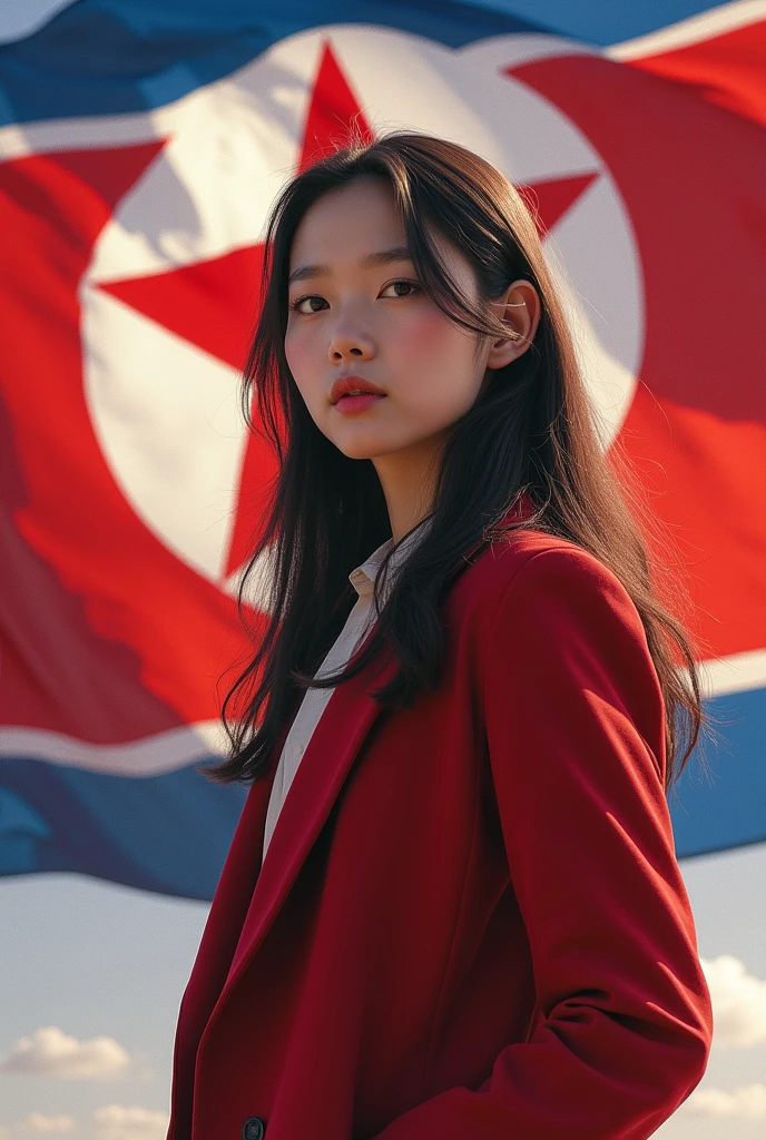 North korean flag with a young lady