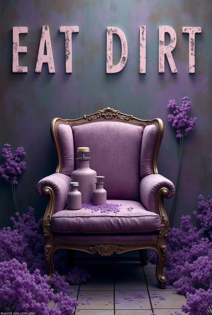 **Eat dirt**, of Dolores Reyes, It is a work that explores the limits of pain and hope in a context of violence and disappearance.. the protagonist, una joven apodada Eat dirt, has a disturbing gift: by ingesting soil from places where people have disappeared, can glimpse their destinies. This power makes her a beacon of hope for desperate families., but also immerses her in a world of suffering and darkness.
Make the cover of a book with the title COMETIERRA. taking into account details such as an old armchair, bottles with soil, Violet colors and flowers of the same color.