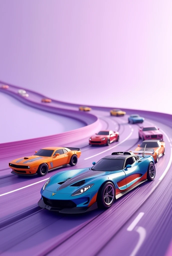 Cover of several hotwheels on the track with a lilac background without trees