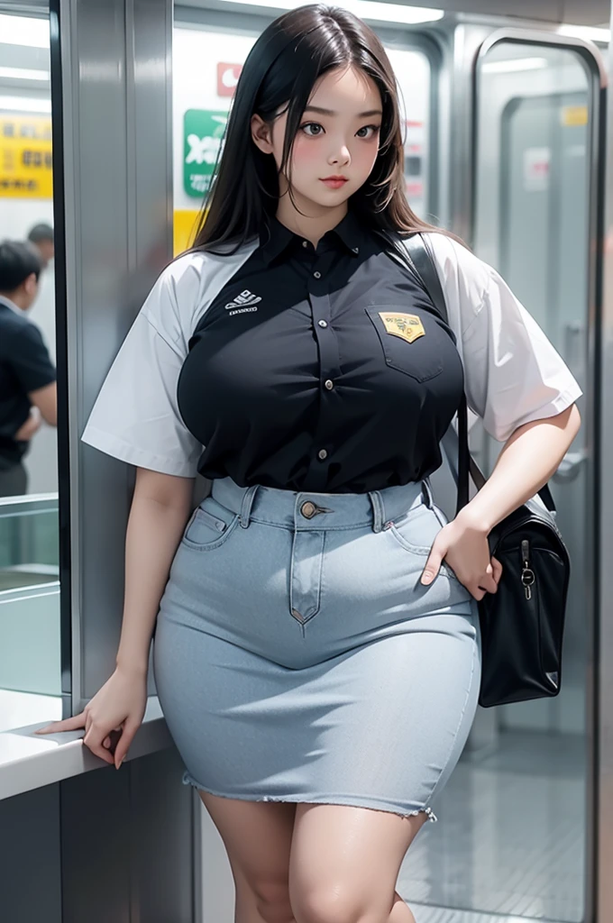 Sexy bbw girl standing in subway wearing high school uniform
