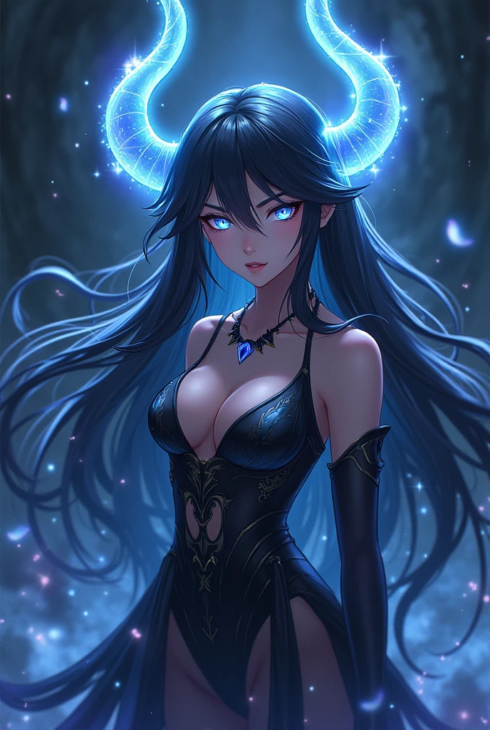Dans le style de lanime mha une tres belle avec des corne transparente et de long cheveux qui a de beaux yeux de couleur qui posede un althe qui permet de magnipuler ,a matiere noire