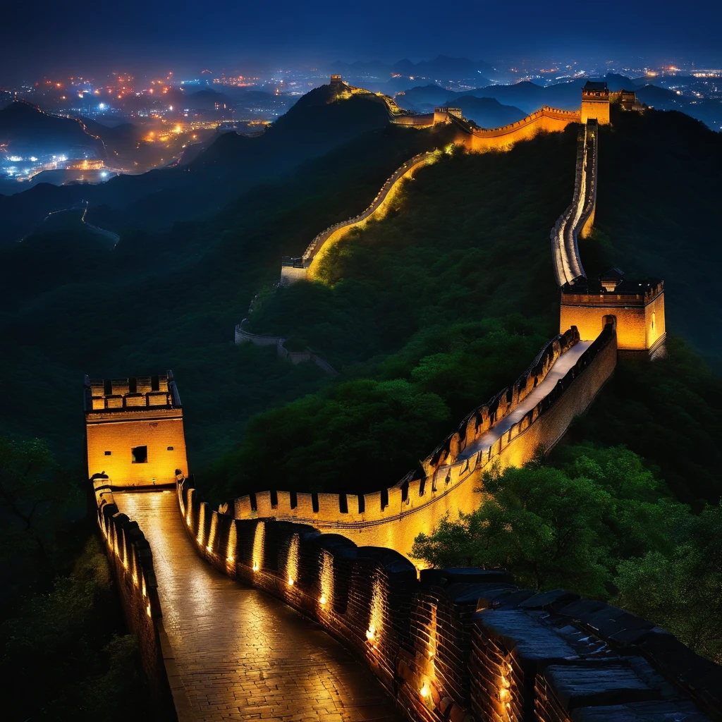 Great Wall of China at night in the rain, rivers around the wall