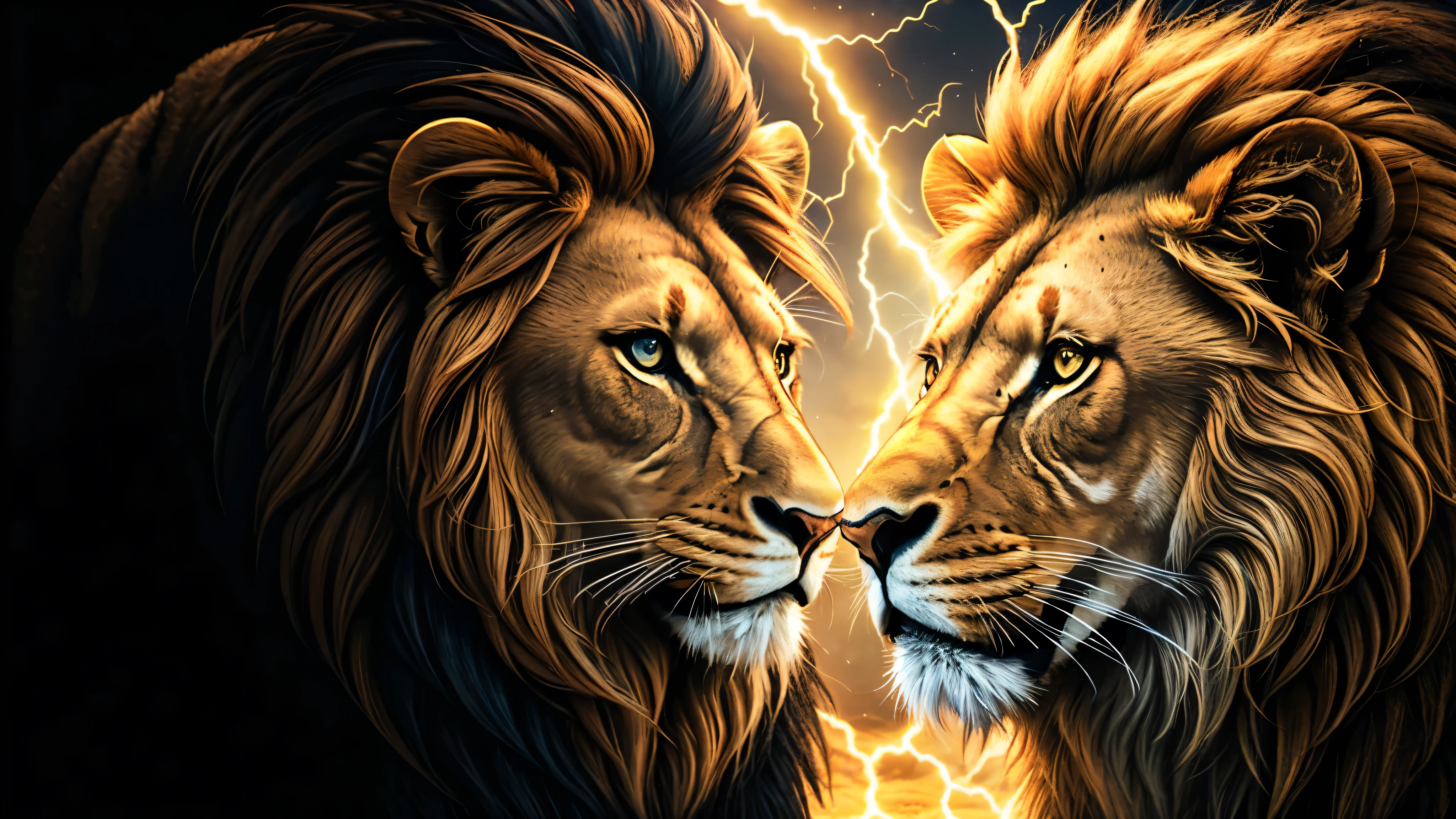 Lion, lions, Divine lion, naturals, thunder, Realistic lion, rey, realistic detailed, sunset light, sky, sol da noite, realistic detailed 16K, Eletricidade Detalhada 8k, Texturas realistas de 8k, Cores photorrealistic 8k, fire azul, realistic detailed Fire Bolt, sky Light Detailed, Power of thunder, Divine Realistic, golden crown, golden crown, golden crown, naturey, Linda, Rendering, photorrealistic, UltraHigh definition, 4K, detailed textures, thunder, detailed shadows, detailed colors, neon blue, blue light, lightning strikes, blue power, naturey Linda, Great Divine, peaceful face, naturalss, lightning strike, Electric power screw, detailed contrast, realistic contrast, high resolution, detailed colors, fire, villany, divine creature, 8k FullHD, realistic detailed, 16K, 8k, High definition, detailed contrast, realistic contrast, high resolution, detailed colors, fire, villany, divine creature, 8k Realistic lion Face, Beauty Lion, Beauty Nature, realistic detailed, chic, elegance