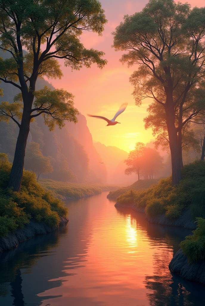 Generate an ultra realistic 8k sunset landscape image on river with trees and birds