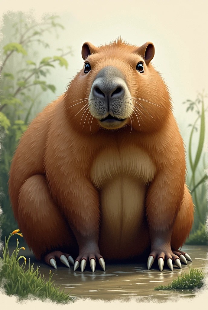 Illustration of a realistic rodent mammal known as a capybara resting on its four legs


