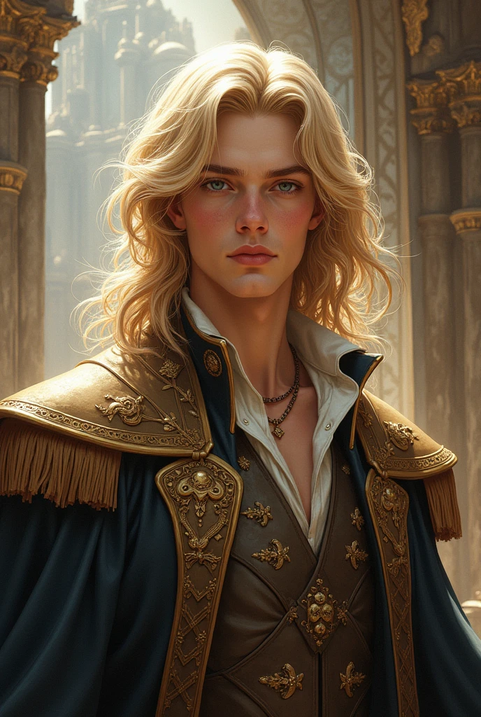 detailed  guy, really young long blonde hair with quality clothes fantastic epic drawing in a epic place