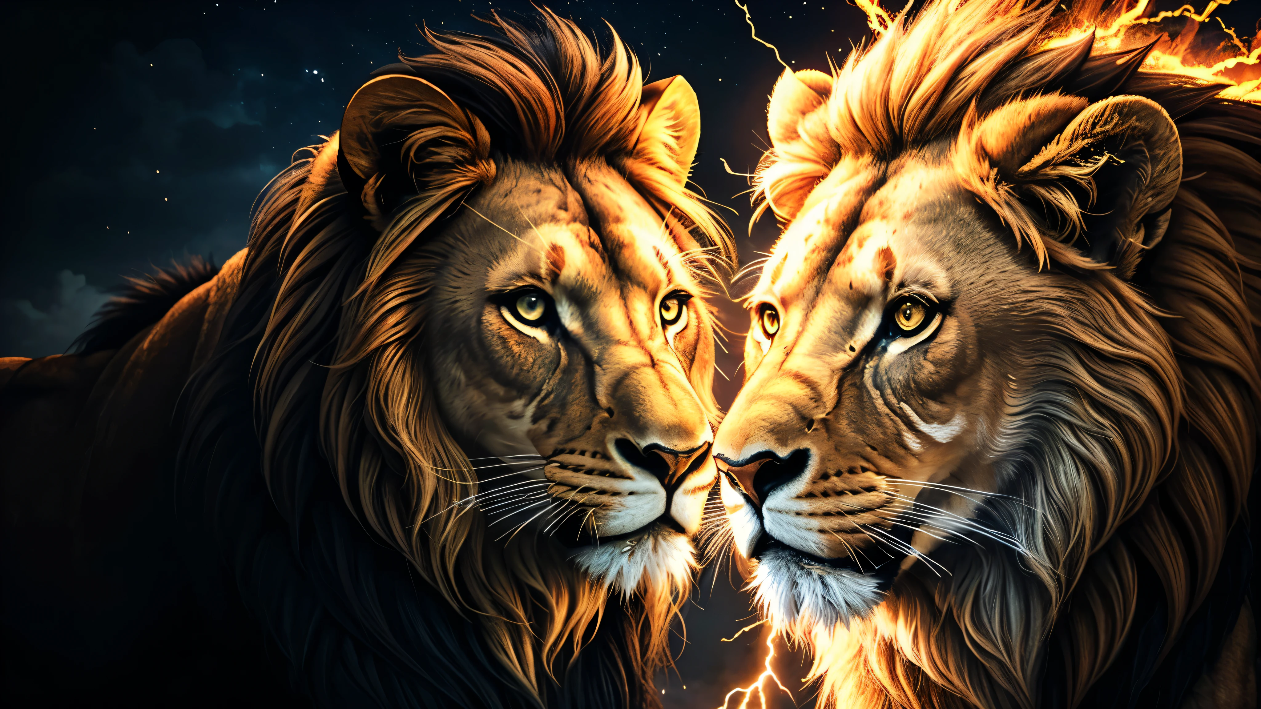 Lion, lions, Divine lion, naturals, thunder, Realistic lion, rey, realistic detailed, sunset light, sky, sol da noite, realistic detailed 16K, Eletricidade Detalhada 8k, Texturas realistas de 8k, Cores photorrealistic 8k, fire azul, realistic detailed Fire Bolt, sky Light Detailed, Power of thunder, Divine Realistic, golden crown, golden crown, golden crown, naturey, Linda, Rendering, photorrealistic, UltraHigh definition, 4K, detailed textures, thunder, detailed shadows, detailed colors, neon blue, blue light, lightning strikes, blue power, naturey Linda, Great Divine, peaceful face, naturalss, lightning strike, Electric power screw, detailed contrast, realistic contrast, high resolution, detailed colors, fire, villany, divine creature, 8k FullHD, realistic detailed, 16K, 8k, High definition, detailed contrast, realistic contrast, high resolution, detailed colors, fire, villany, divine creature, 8k Realistic lion Face, Beauty Lion, Beauty Nature, realistic detailed, chic, elegance