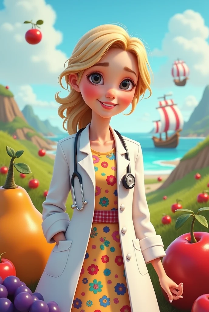 Generate Disney Pixar Style Image of White Woman, blonde, small, dressed as a doctor with fruits around and ships