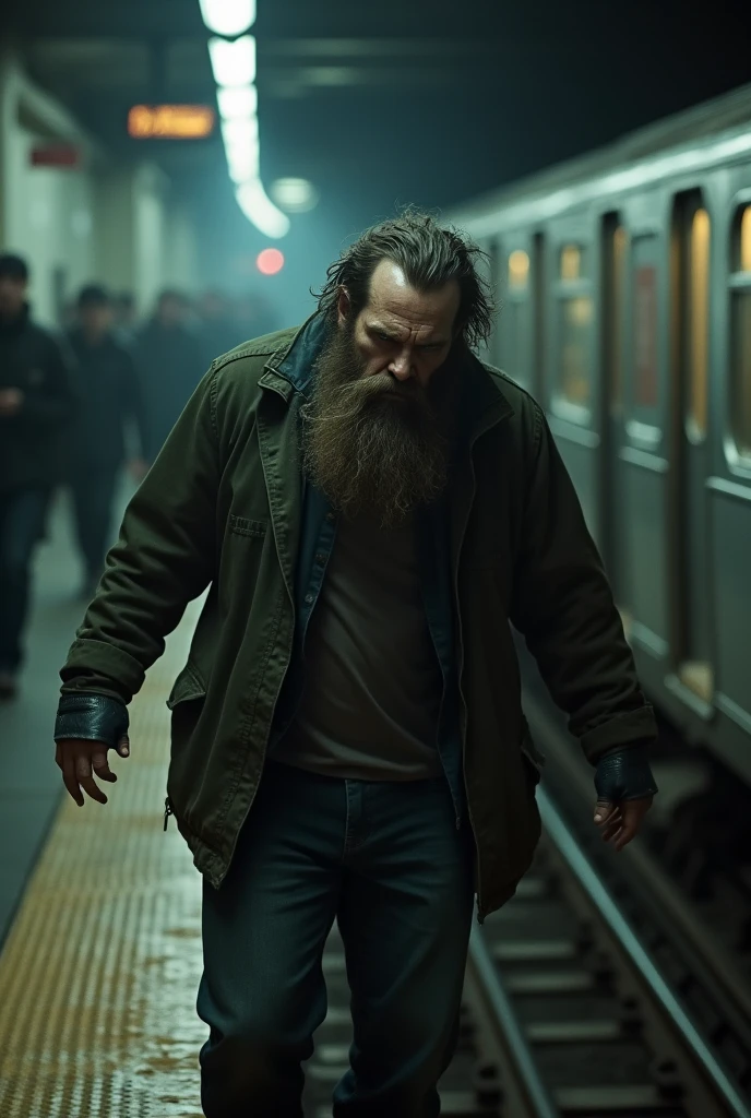 A tall, bearded man tries to throw himself onto the subway tracks