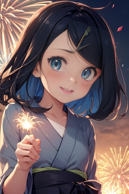 ((nsfw)), (masterpiece, Highest quality, 8K ultra-high resolution:1.4), 14yo, kawaii, Pokemon Riko, Frillsの下着, (A colorful navy blue yukata, Frills, night: 1.4), (Summer festival), ((turn around)), Beautiful Eyes,Flash photography, Backlight,  ((Close-up of face:1.4)), (The best smile of my lover:1.4), laugh, (Show your palm to the camera), (Beckon), Written boundary depth, Dramatic portrayal, (Colorful fireworks background), Focus of the film, , Emotional composition, Emotional engine full throttle BREAK Young and cute, Slender body, Flat Chest, Highly detailed glossy skin,Sweat,  完璧なPokemon Riko
, Wind, detailed in the Wind, petals dancing in the Wind
BREAK
ultra detailed crystal eyes, Eyes like shining jewels