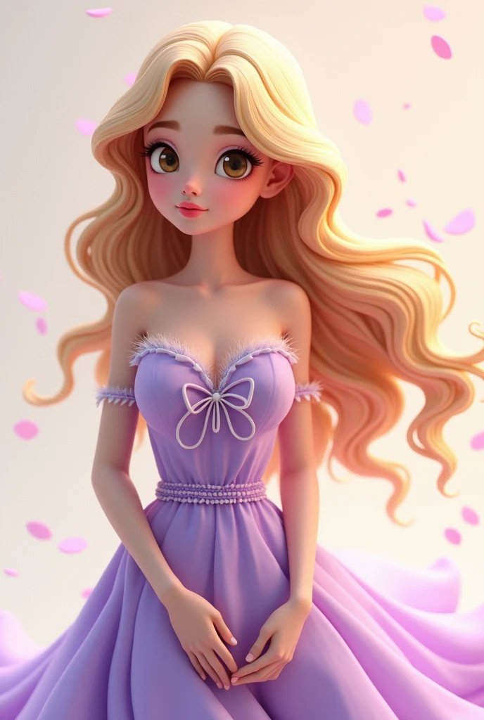 Create a 3D character, blonde, light brown cor, with light brown eyes, lilac dress and medium hair in 3D drawing format
