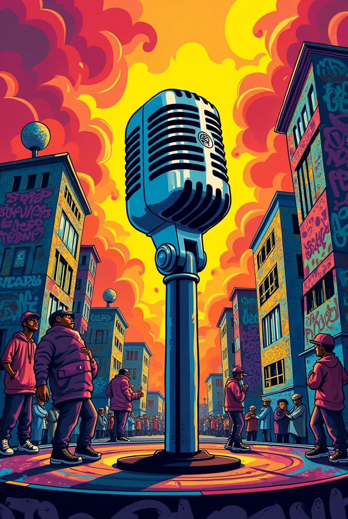 A poster for a rap battle , with the 4 elements of hip-hop and a microphone in the middle . all with lots of colors and in graffiti style